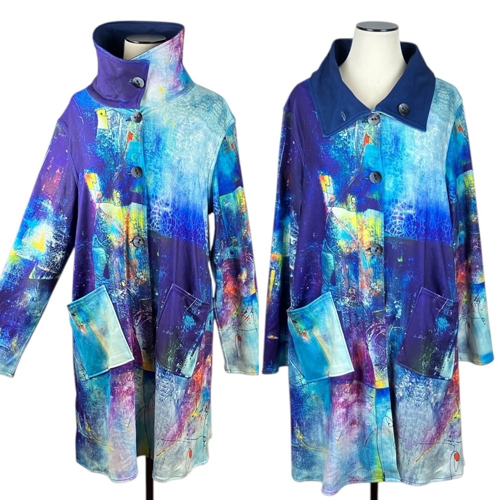 UbU REVERSIBLE Abstract Long Jacket Art To Wear Stretch Knit NWT